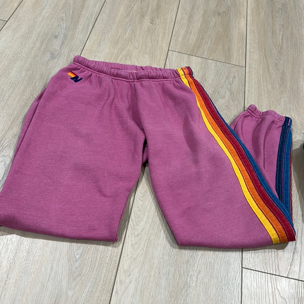 Aviator Nation Pink Track Pants with Rainbow Stripes